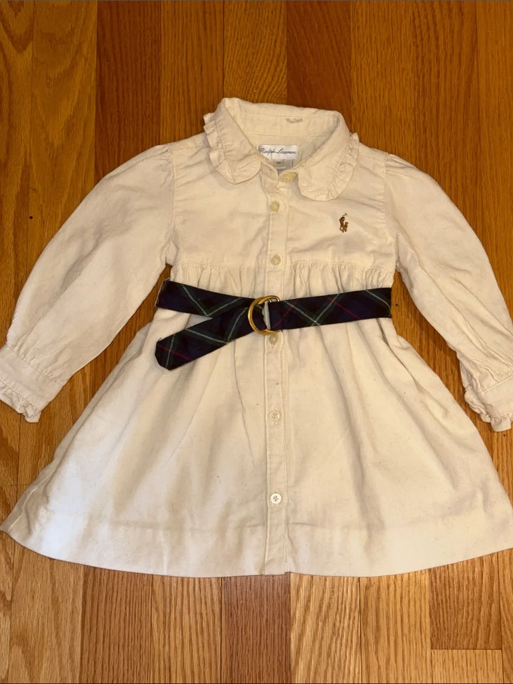 🐎 Ralph Lauren Cream Ruffle Collar Shirt Dress with Plaid Belt 6 months
